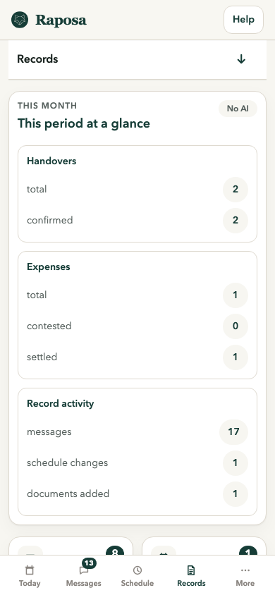 Raposa care record screen showing messages, events and documents organised in one record.