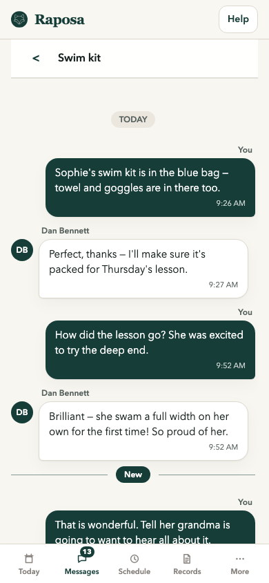 Raposa messages screen with timestamped co-parenting updates.