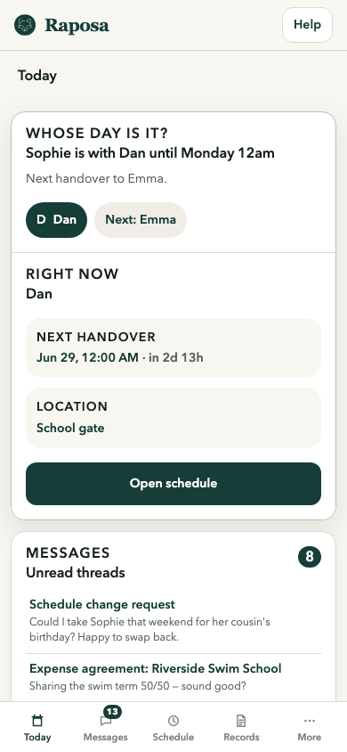 Raposa Today screen showing a co-parenting overview for the day.